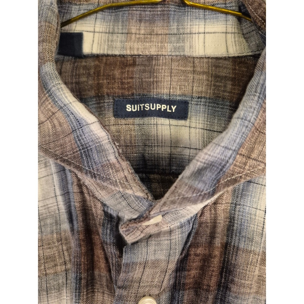 Suitsupply Brown Blue Plaid Dress Shirt Cotonificio Albini Linen Mens 15.5 - Picture 3 of 10